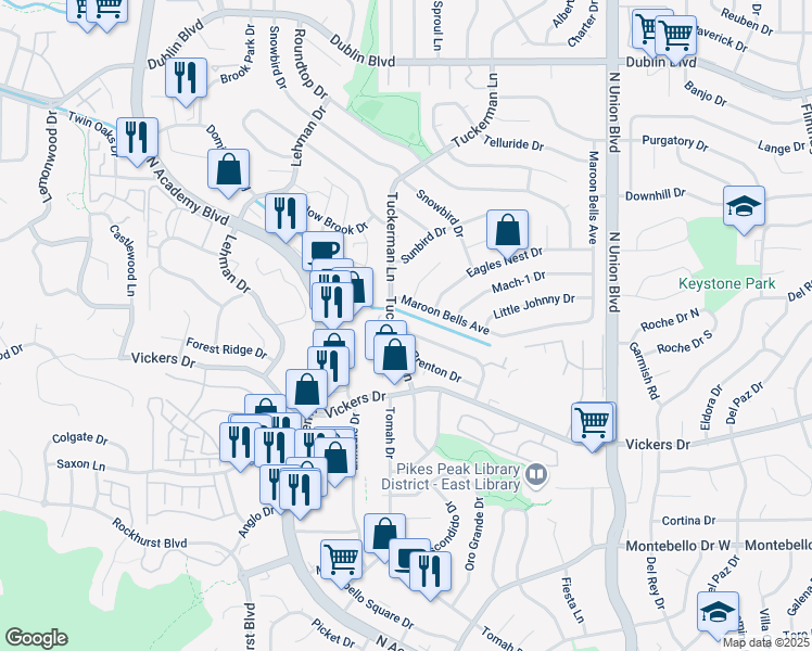 map of restaurants, bars, coffee shops, grocery stores, and more near 2420 Lyncrest Drive in Colorado Springs