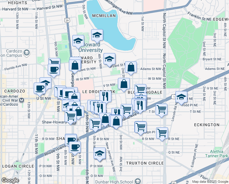 map of restaurants, bars, coffee shops, grocery stores, and more near 310 Elm Street Northwest in Washington
