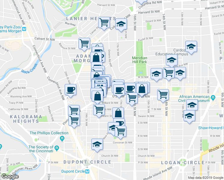 map of restaurants, bars, coffee shops, grocery stores, and more near 1741 Seaton Street Northwest in Washington