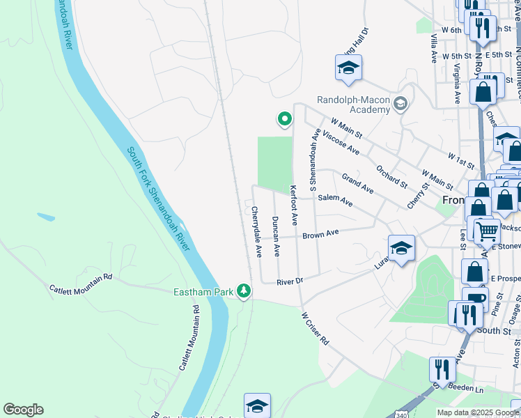 map of restaurants, bars, coffee shops, grocery stores, and more near 332 Cherrydale Avenue in Front Royal