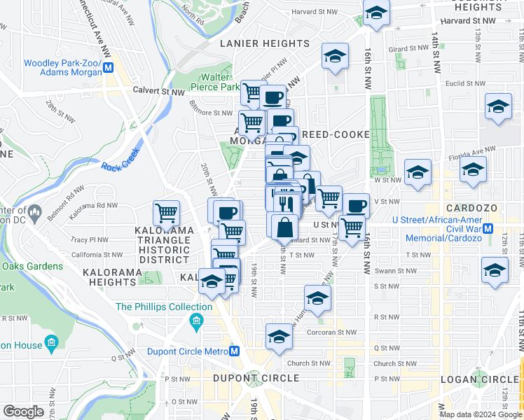 map of restaurants, bars, coffee shops, grocery stores, and more near 1838 California Street Northwest in Washington