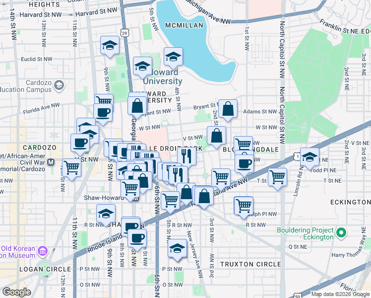 map of restaurants, bars, coffee shops, grocery stores, and more near 101 Independence Avenue Southeast in Washington