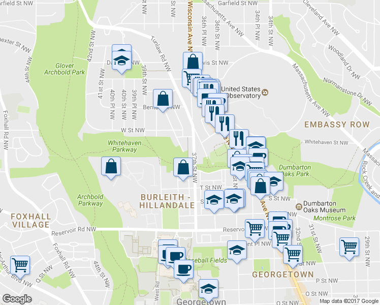 map of restaurants, bars, coffee shops, grocery stores, and more near 2036 37th Street Northwest in Washington