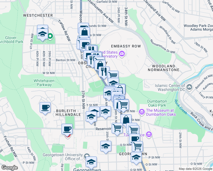 map of restaurants, bars, coffee shops, grocery stores, and more near Wisconsin Ave NW & 35th St NW in Washington