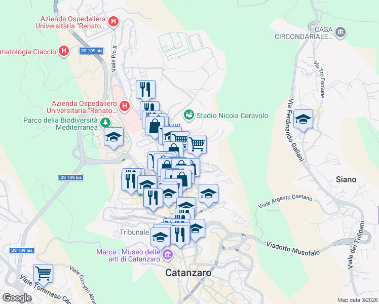 map of restaurants, bars, coffee shops, grocery stores, and more near Via Fratelli Plutino in Catanzaro