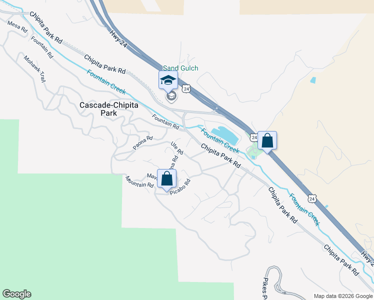 map of restaurants, bars, coffee shops, grocery stores, and more near 9180 Ute Road in Cascade-Chipita Park