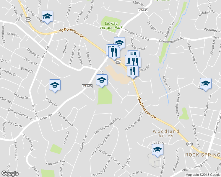 map of restaurants, bars, coffee shops, grocery stores, and more near 6255 Park Road in McLean