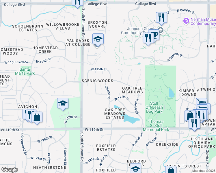 map of restaurants, bars, coffee shops, grocery stores, and more near 11615 Gillette Street in Overland Park