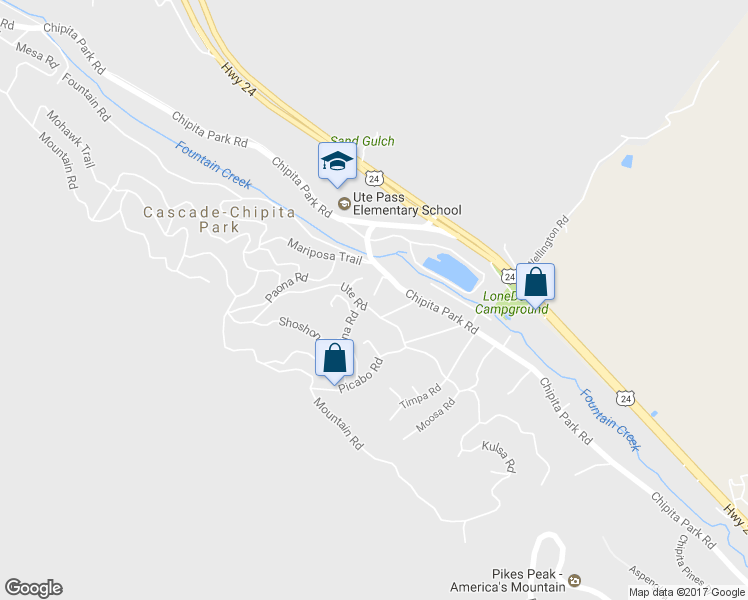 map of restaurants, bars, coffee shops, grocery stores, and more near 9180 Ute Road in Cascade-Chipita Park
