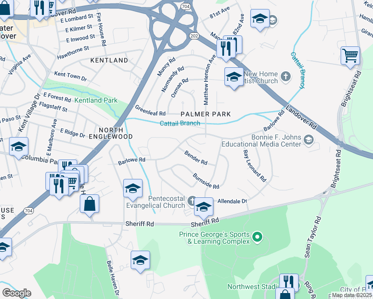map of restaurants, bars, coffee shops, grocery stores, and more near 7708 Bender Road in Greater Landover