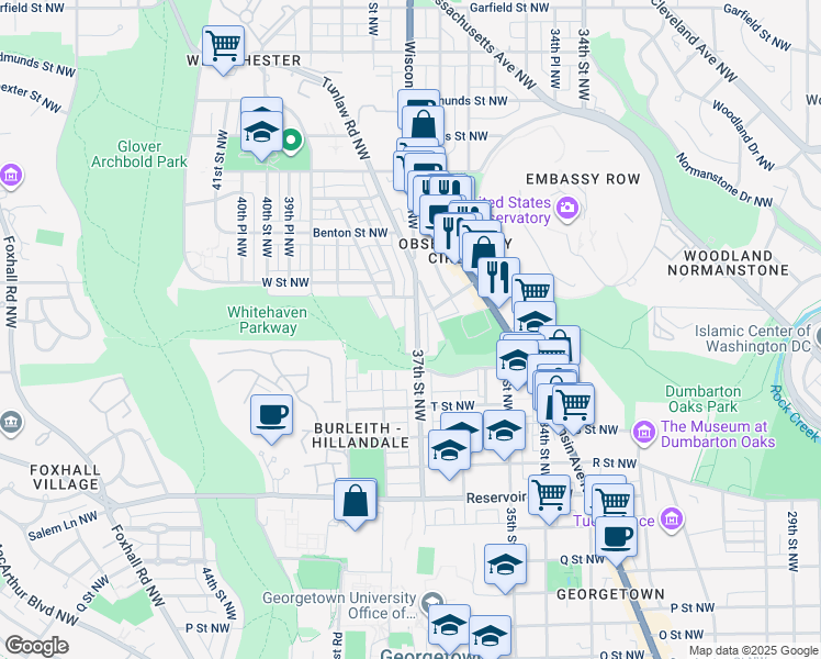 map of restaurants, bars, coffee shops, grocery stores, and more near 2036 37th Street Northwest in Washington