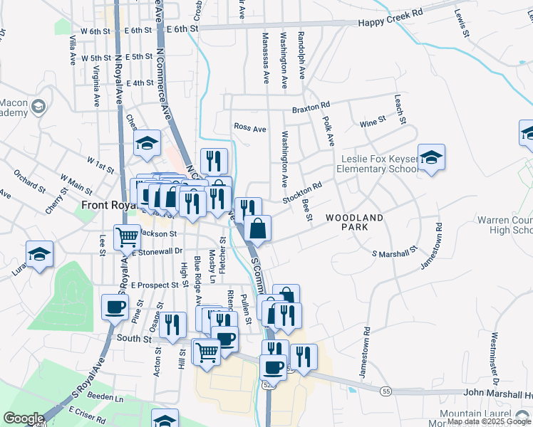 map of restaurants, bars, coffee shops, grocery stores, and more near 130 Thehill in Front Royal