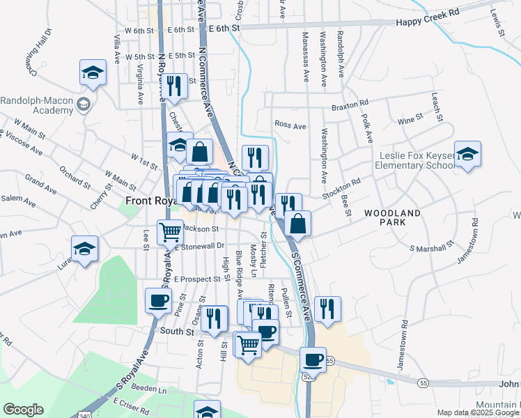map of restaurants, bars, coffee shops, grocery stores, and more near 534 East Main Street in Front Royal