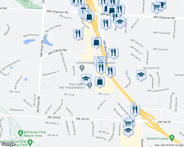 map of restaurants, bars, coffee shops, grocery stores, and more near 100 Northwest Murray Road in Lee's Summit