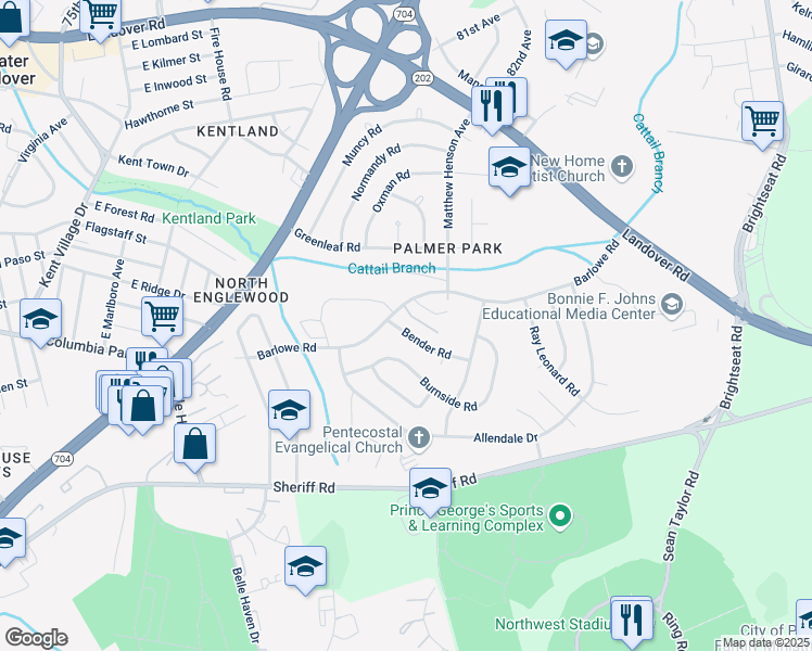 map of restaurants, bars, coffee shops, grocery stores, and more near 7708 Bender Road in Greater Landover