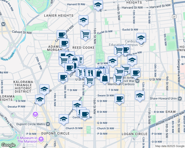 map of restaurants, bars, coffee shops, grocery stores, and more near 2026 16th Street Northwest in Washington