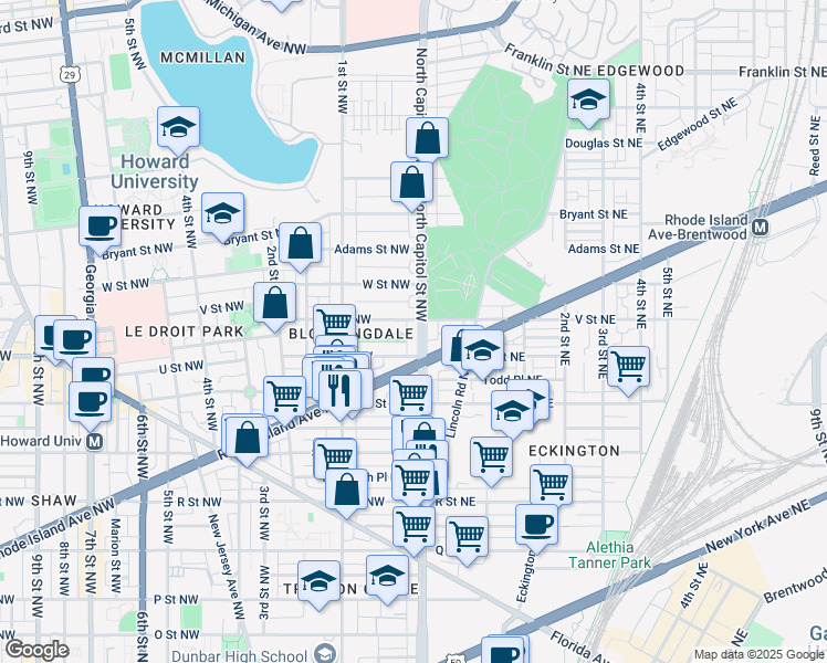 map of restaurants, bars, coffee shops, grocery stores, and more near 2026 North Capitol Street Northwest in Washington