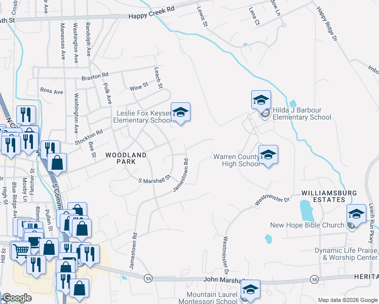 map of restaurants, bars, coffee shops, grocery stores, and more near 326 Jamestown Road in Front Royal