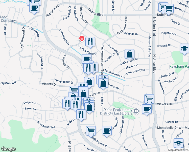 map of restaurants, bars, coffee shops, grocery stores, and more near 5959 North Academy Boulevard in Colorado Springs