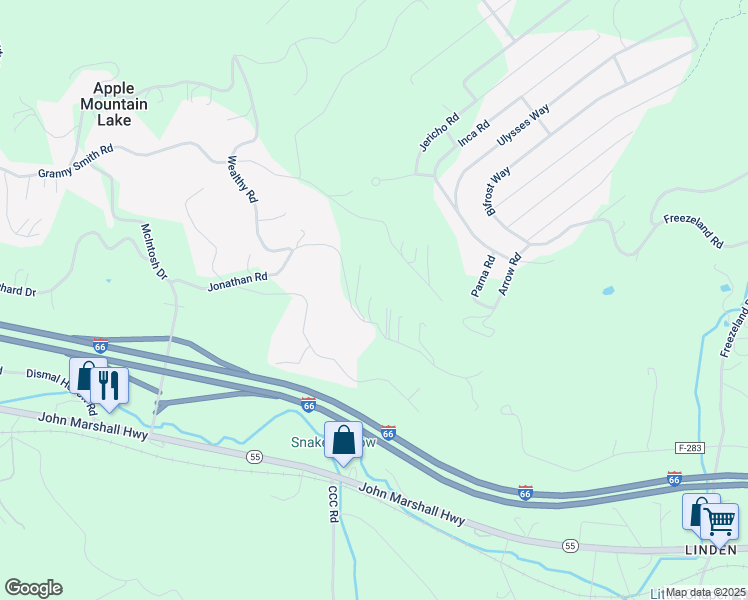map of restaurants, bars, coffee shops, grocery stores, and more near 599 Jonathan Road in Apple Mountain Lake