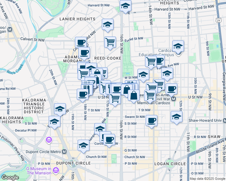 map of restaurants, bars, coffee shops, grocery stores, and more near 1620 V Street Northwest in Washington