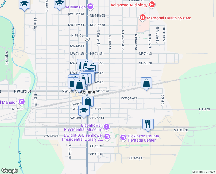 map of restaurants, bars, coffee shops, grocery stores, and more near 304 North Olive Street in Abilene