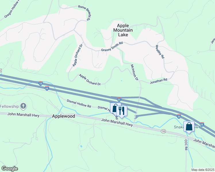 map of restaurants, bars, coffee shops, grocery stores, and more near 11 Lodi Court in Apple Mountain Lake