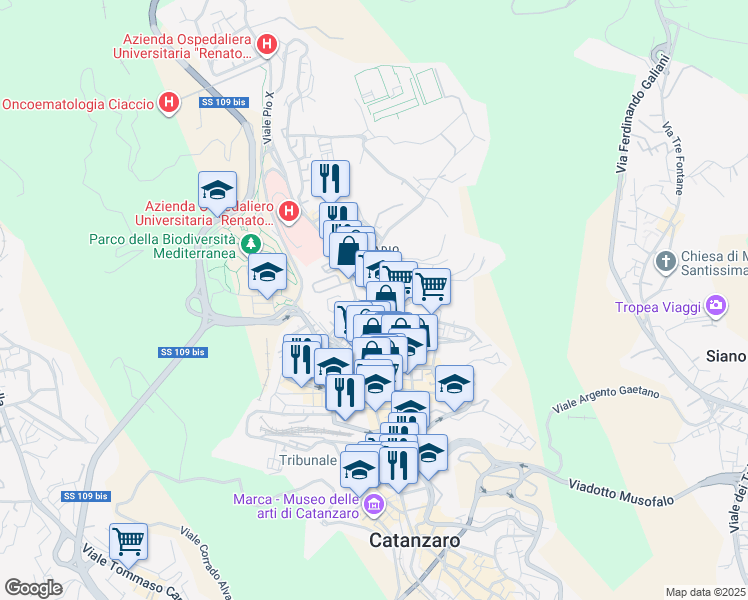 map of restaurants, bars, coffee shops, grocery stores, and more near 12-16 Via Cortese Vinicio in Catanzaro