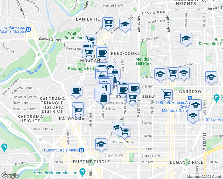 map of restaurants, bars, coffee shops, grocery stores, and more near Florida Avenue Northwest & California Street Northwest in Washington
