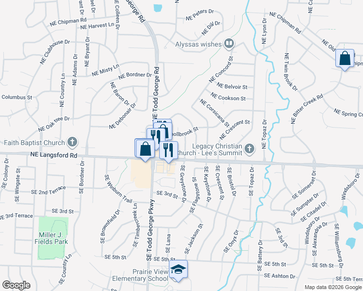 map of restaurants, bars, coffee shops, grocery stores, and more near 110 Northeast Greystone Drive in Lee's Summit