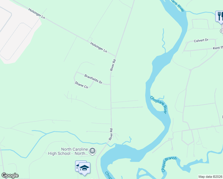 map of restaurants, bars, coffee shops, grocery stores, and more near 11305 River Road in Ridgely