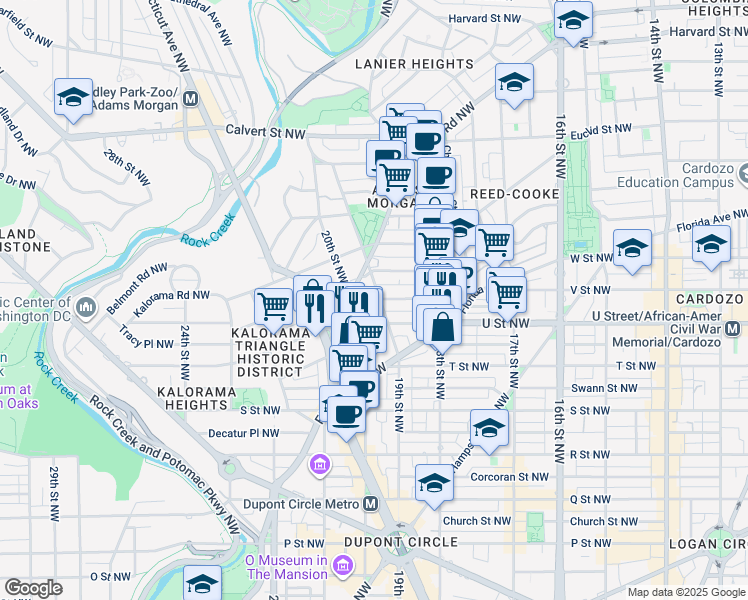 map of restaurants, bars, coffee shops, grocery stores, and more near 2100 19th Street Northwest in Washington