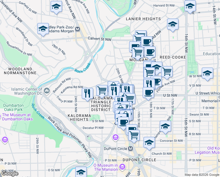 map of restaurants, bars, coffee shops, grocery stores, and more near 2100 Connecticut Avenue Northwest in Washington