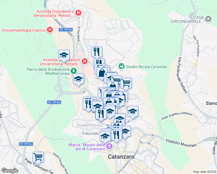 map of restaurants, bars, coffee shops, grocery stores, and more near 12-16 Via Cortese Vinicio in Catanzaro