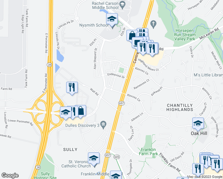 map of restaurants, bars, coffee shops, grocery stores, and more near Atlantis Street in Herndon