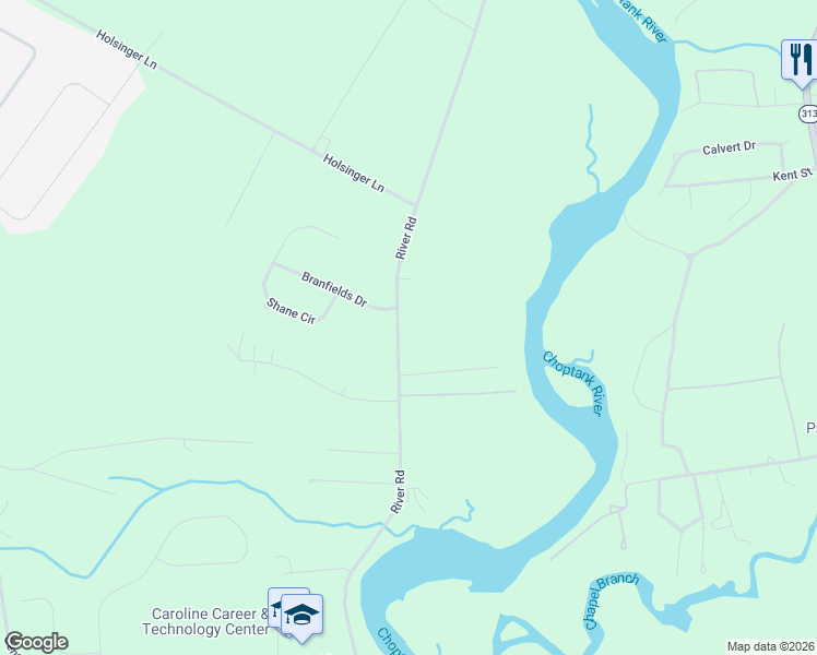 map of restaurants, bars, coffee shops, grocery stores, and more near 11305 River Road in Ridgely