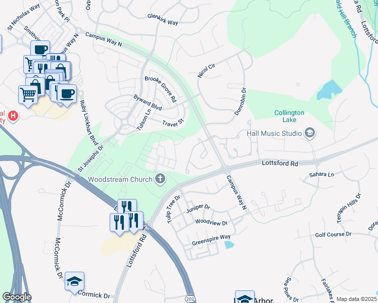 map of restaurants, bars, coffee shops, grocery stores, and more near 9912 Hillandale Way in Bowie