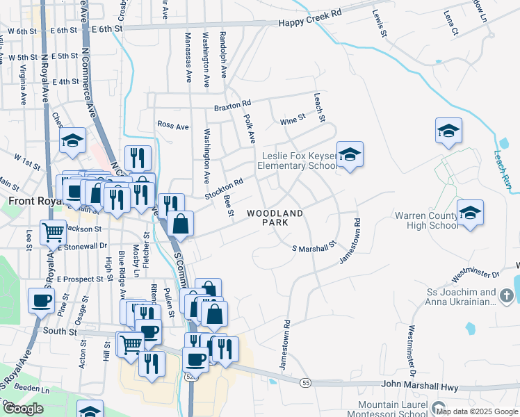 map of restaurants, bars, coffee shops, grocery stores, and more near 2 North Marshall Street in Front Royal