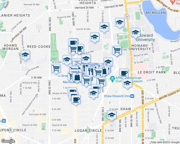 map of restaurants, bars, coffee shops, grocery stores, and more near 2027 13th Street Northwest in Washington