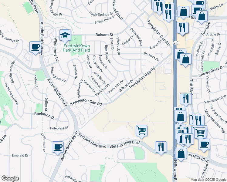 map of restaurants, bars, coffee shops, grocery stores, and more near 5048 Stillwater Drive in Colorado Springs