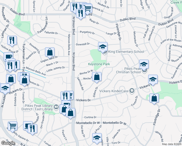 map of restaurants, bars, coffee shops, grocery stores, and more near 2990 Roche Drive South in Colorado Springs
