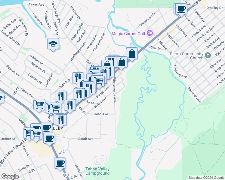 map of restaurants, bars, coffee shops, grocery stores, and more near 2241 Helen Avenue in South Lake Tahoe