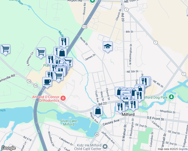 map of restaurants, bars, coffee shops, grocery stores, and more near 513 Truitt Avenue in Milford