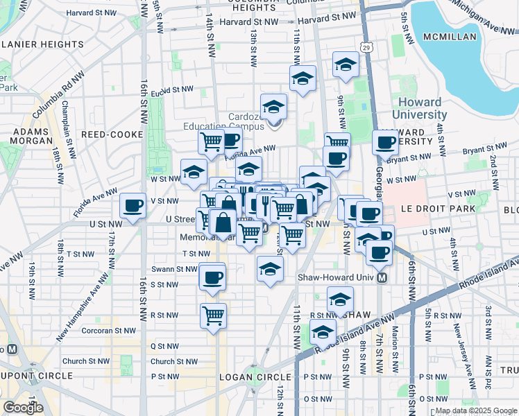 map of restaurants, bars, coffee shops, grocery stores, and more near 2027 13th Street Northwest in Washington