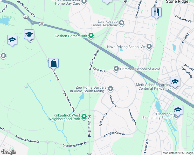 map of restaurants, bars, coffee shops, grocery stores, and more near 25333 Crested Iris Terrace in Aldie