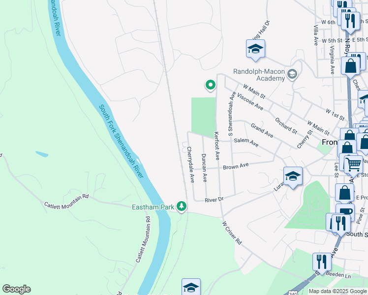 map of restaurants, bars, coffee shops, grocery stores, and more near 343 Cherrydale Avenue in Front Royal