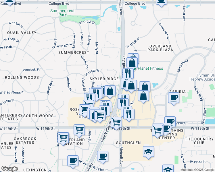 map of restaurants, bars, coffee shops, grocery stores, and more near 7171 West 115th Street in Overland Park