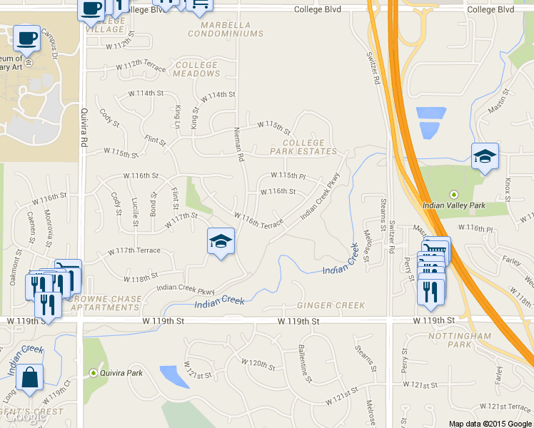 map of restaurants, bars, coffee shops, grocery stores, and more near 11629 Reeder Street in Overland Park