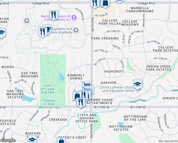 map of restaurants, bars, coffee shops, grocery stores, and more near 11620 Garnett Street in Overland Park
