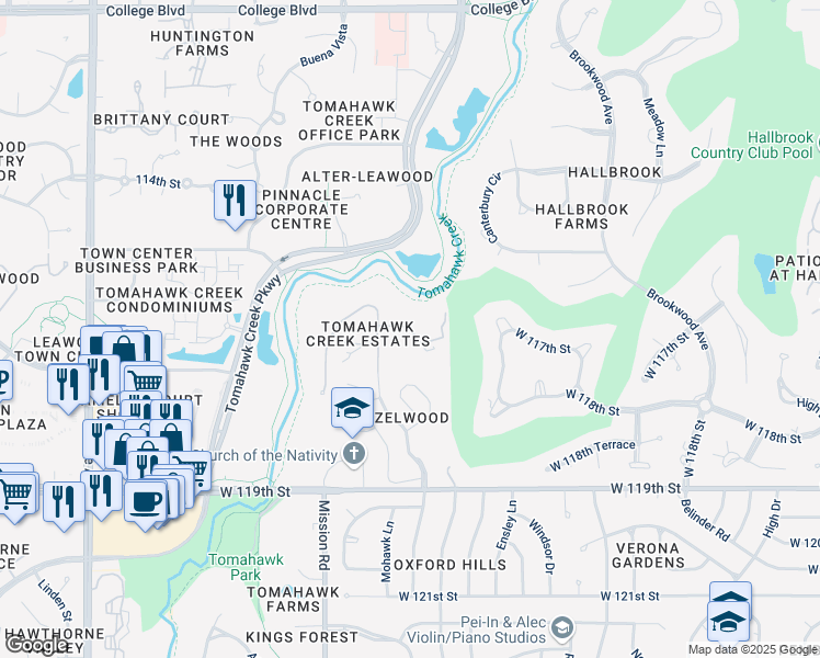 map of restaurants, bars, coffee shops, grocery stores, and more near Cherokee Court in Leawood